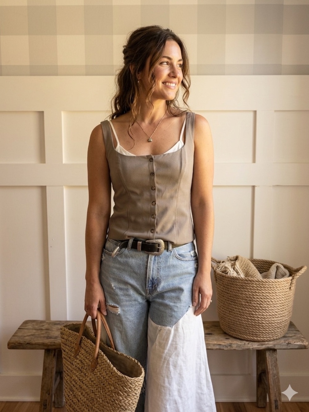 Dynamite Taupe Button-Front Corset Camisole Top Large